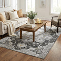 5 X 8 Graphite Gold And Charcoal Floral Medallion Distressed Washable Area Rug With UV Protection