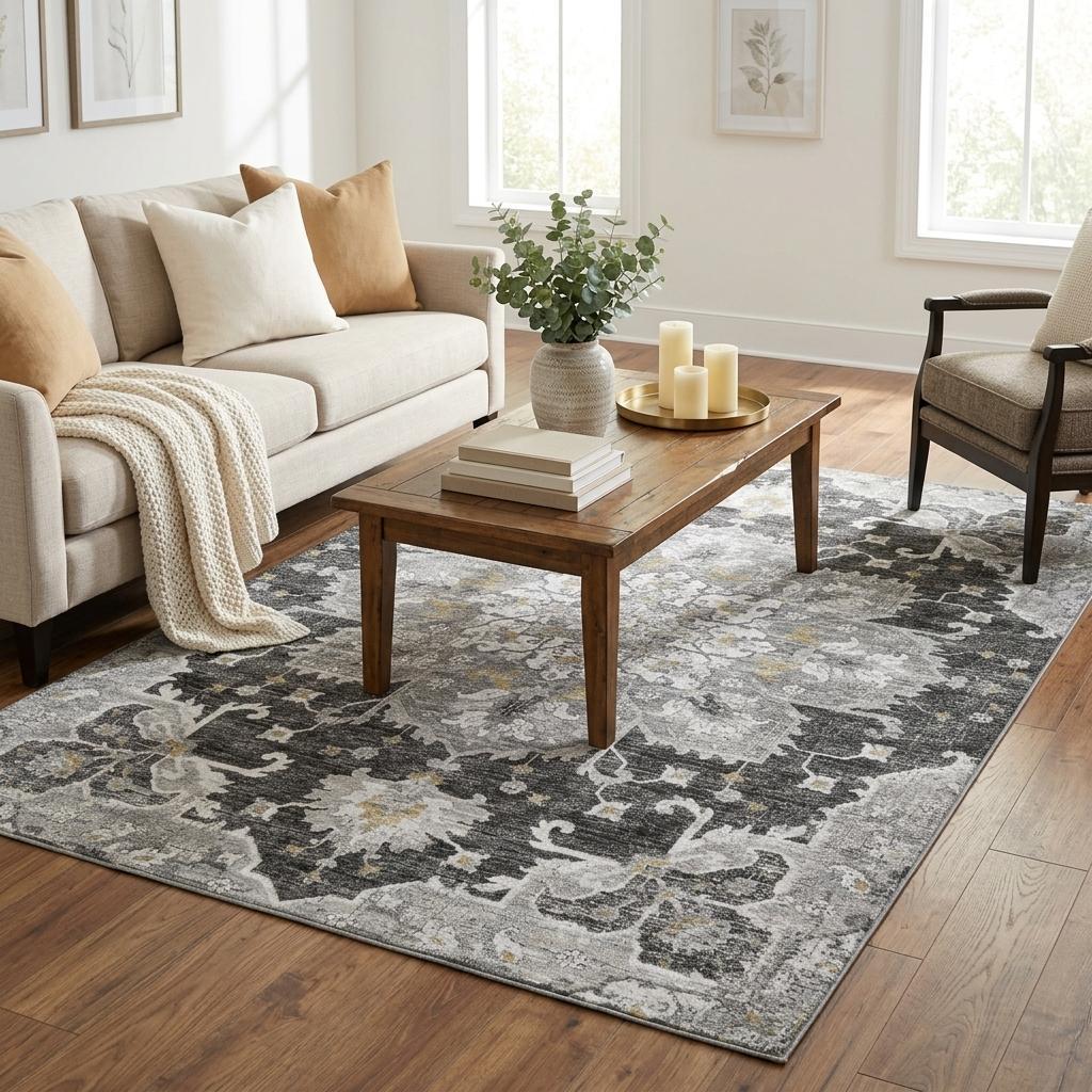 5 X 8 Graphite Gold And Charcoal Floral Medallion Distressed Washable Area Rug With UV Protection