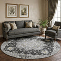8 Graphite Gold And Charcoal Floral Medallion Distressed Washable Round Rug With UV Protection