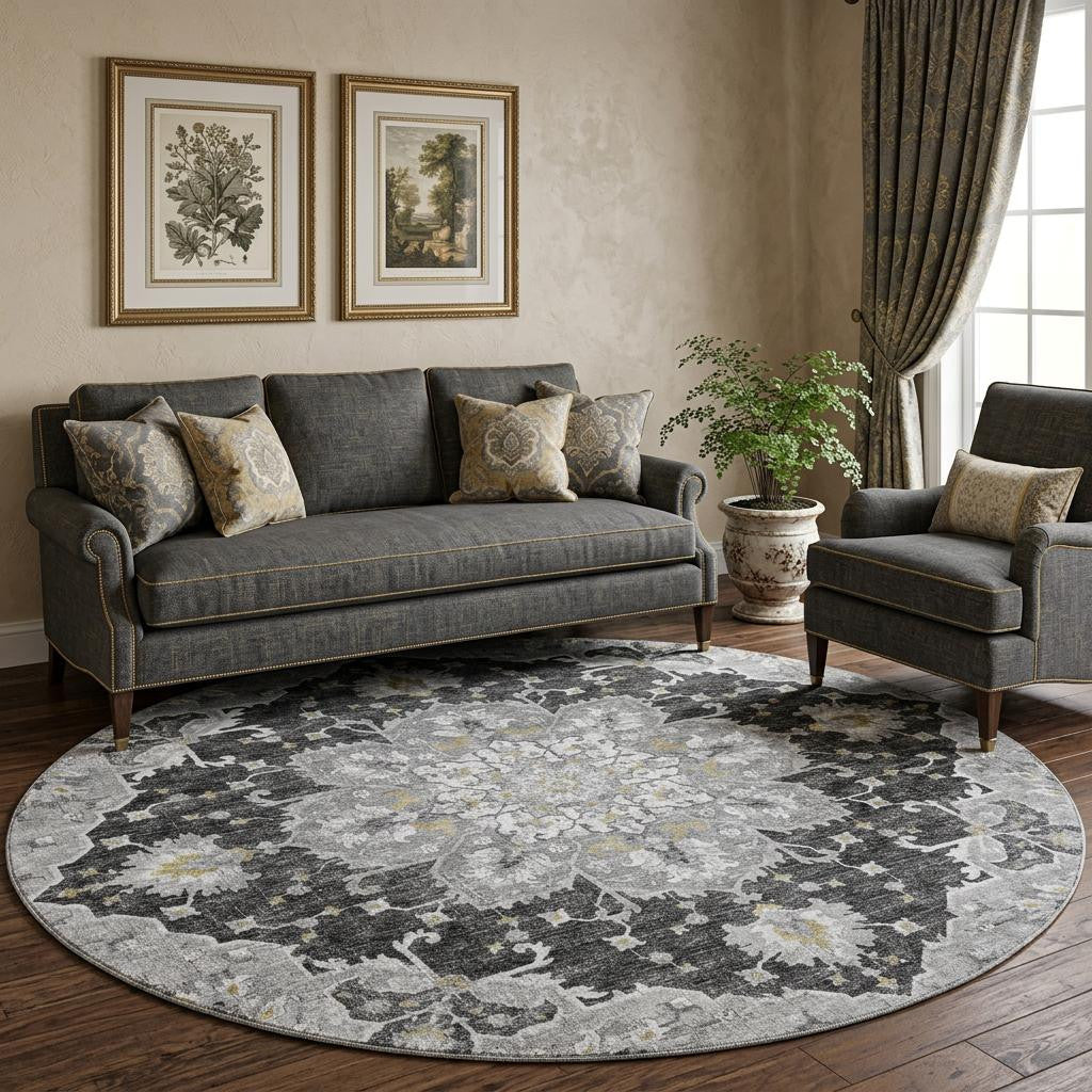 8 Graphite Gold And Charcoal Floral Medallion Distressed Washable Round Rug With UV Protection