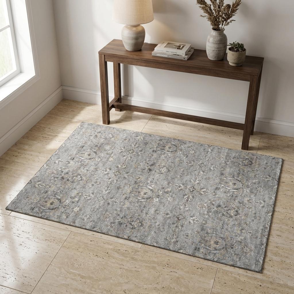 3 X 5 Ash Gray Brown And Ivory Floral Medallion Distressed Washable Area Rug With UV Protection