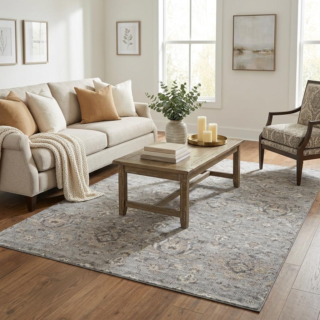 5 X 8 Ash Gray Brown And Ivory Floral Medallion Distressed Washable Area Rug With UV Protection