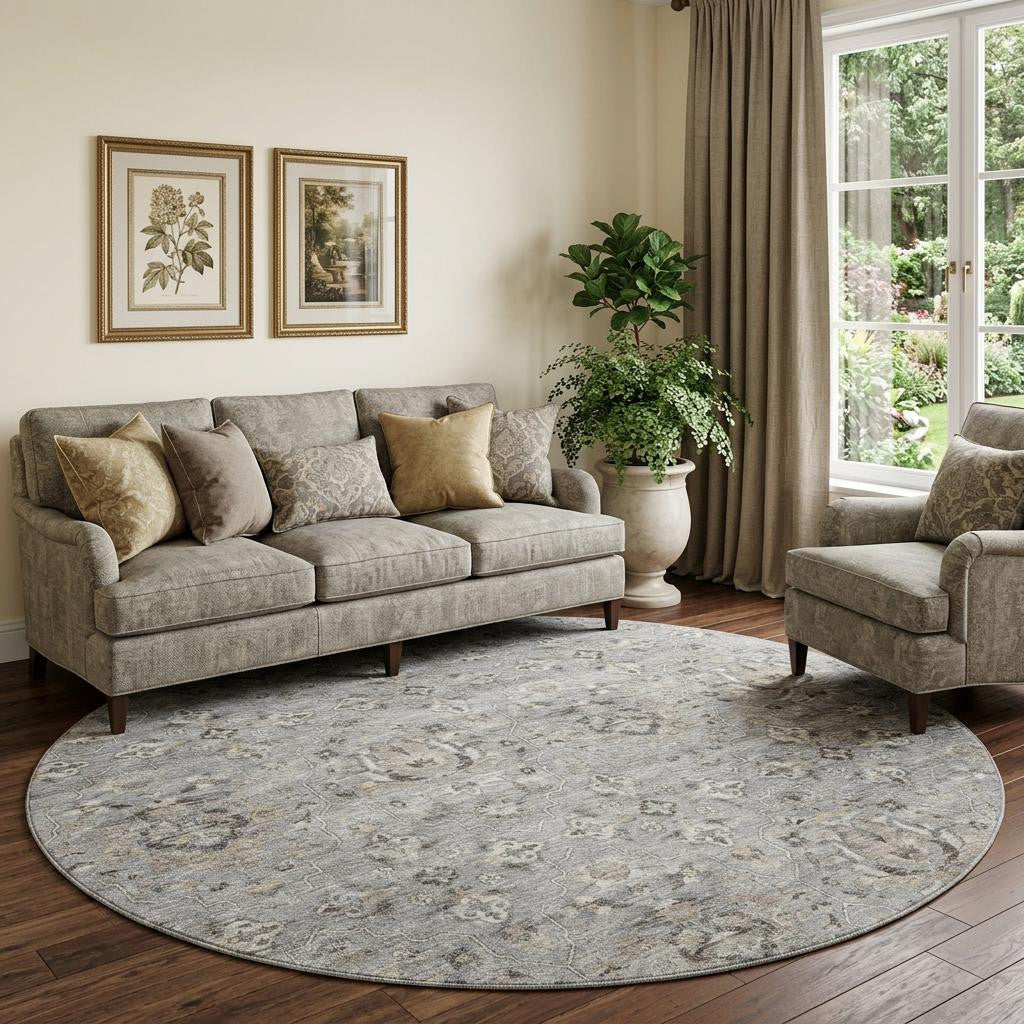 8 Ash Gray Brown And Ivory Floral Medallion Distressed Washable Round Rug With UV Protection