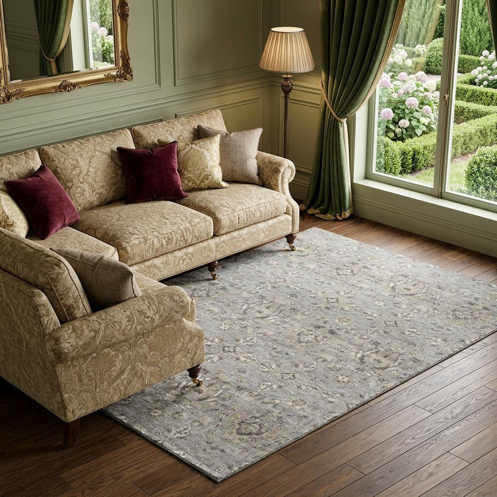 8 X 10 Ash Gray Brown And Ivory Floral Medallion Distressed Washable Area Rug With UV Protection