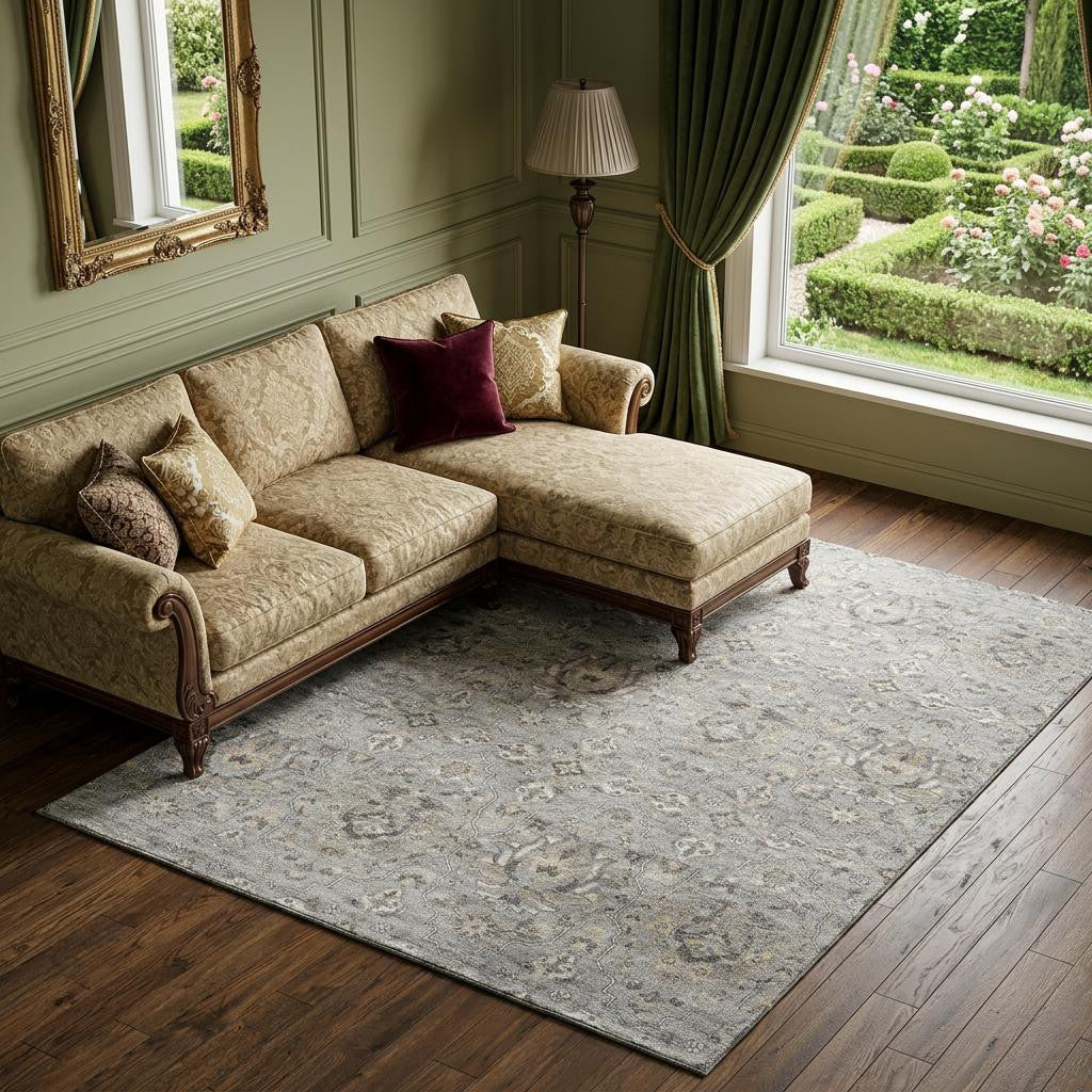 9 X 12 Ash Gray Brown And Ivory Floral Medallion Distressed Washable Area Rug With UV Protection
