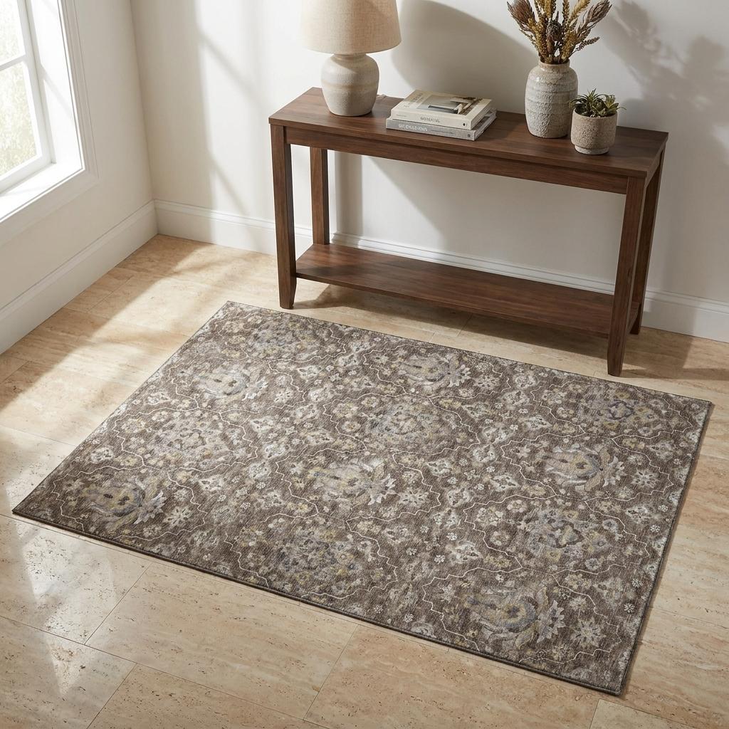3 X 5 Taupe Ivory And Gold Floral Medallion Distressed Washable Area Rug With UV Protection