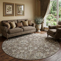 8 Taupe Ivory And Gold Floral Medallion Distressed Washable Round Rug With UV Protection