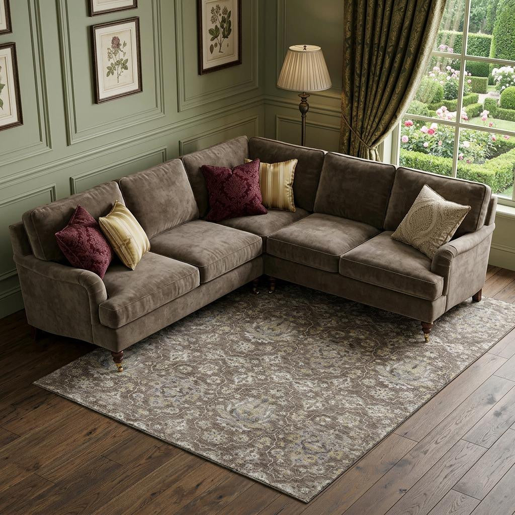 9 X 12 Taupe Ivory And Gold Floral Medallion Distressed Washable Area Rug With UV Protection