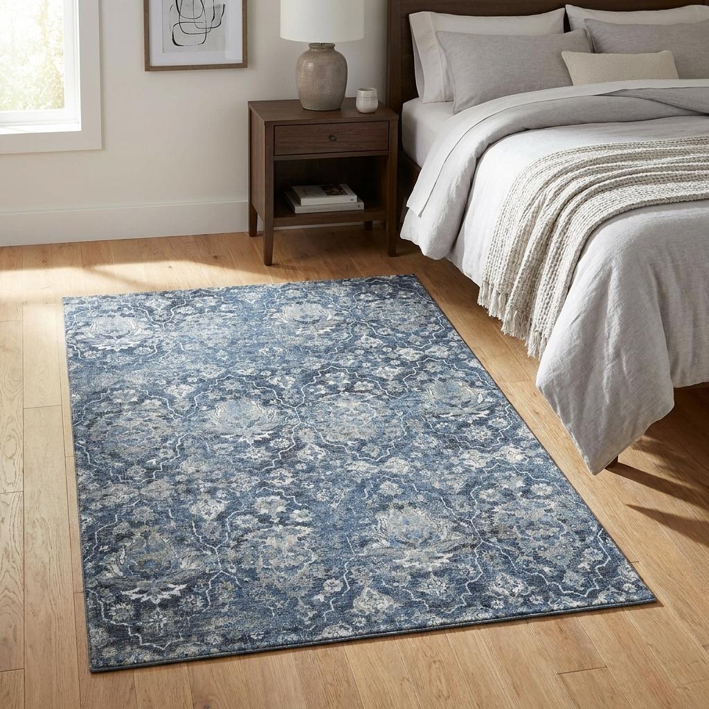 3 X 5 Blue And Ivory Floral Medallion Distressed Washable Area Rug With UV Protection