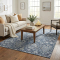 5 X 8 Blue And Ivory Floral Medallion Distressed Washable Area Rug With UV Protection