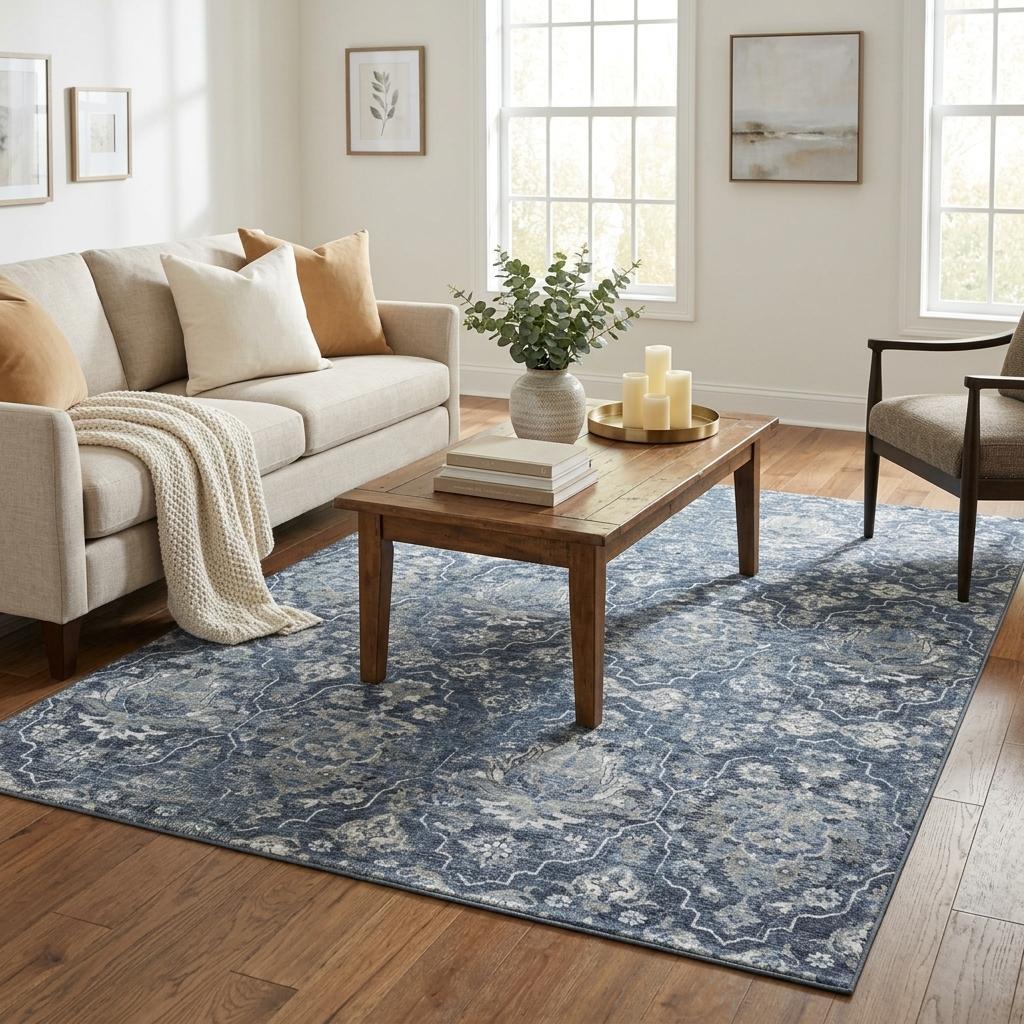 5 X 8 Blue And Ivory Floral Medallion Distressed Washable Area Rug With UV Protection