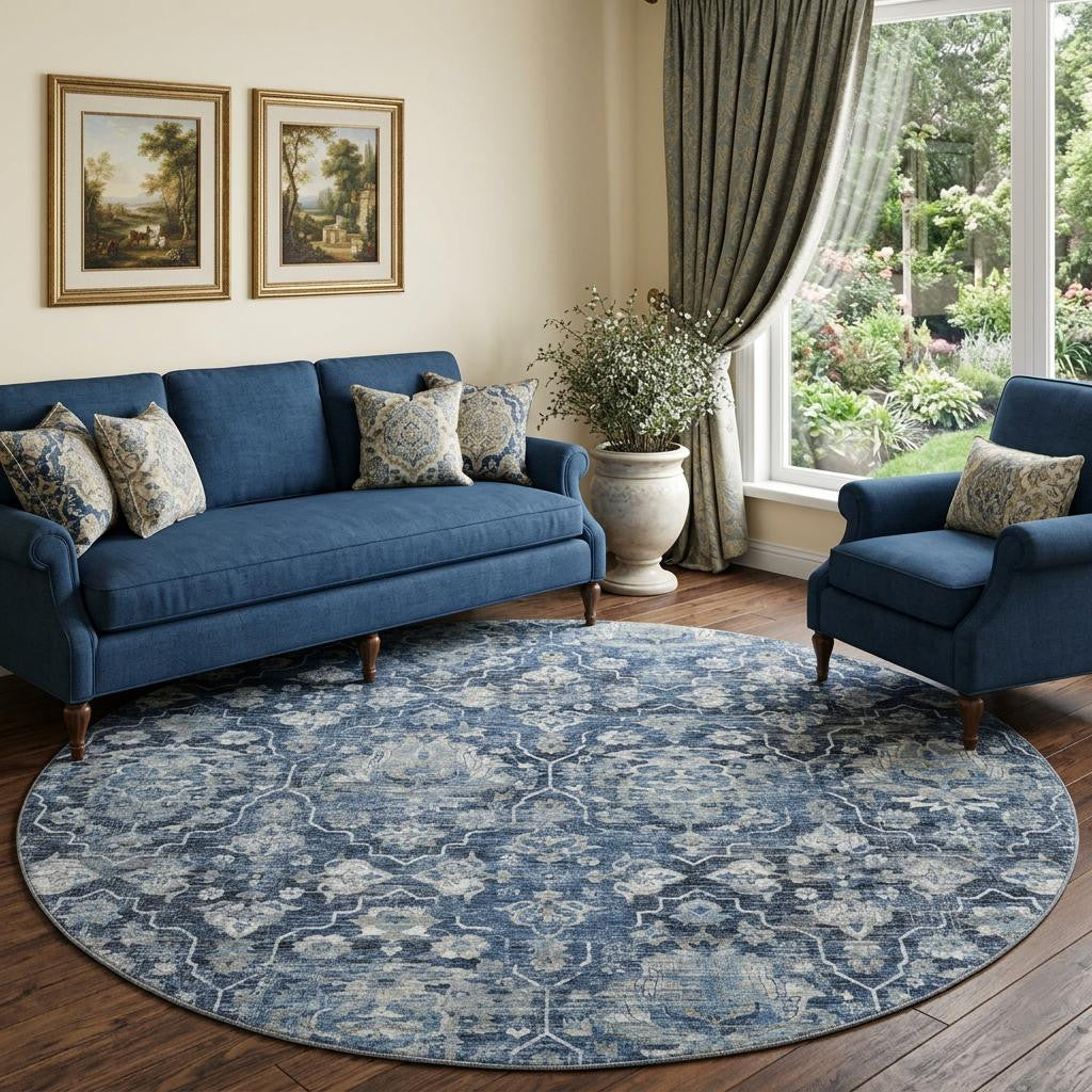 8 Blue And Ivory Floral Medallion Distressed Washable Round Rug With UV Protection