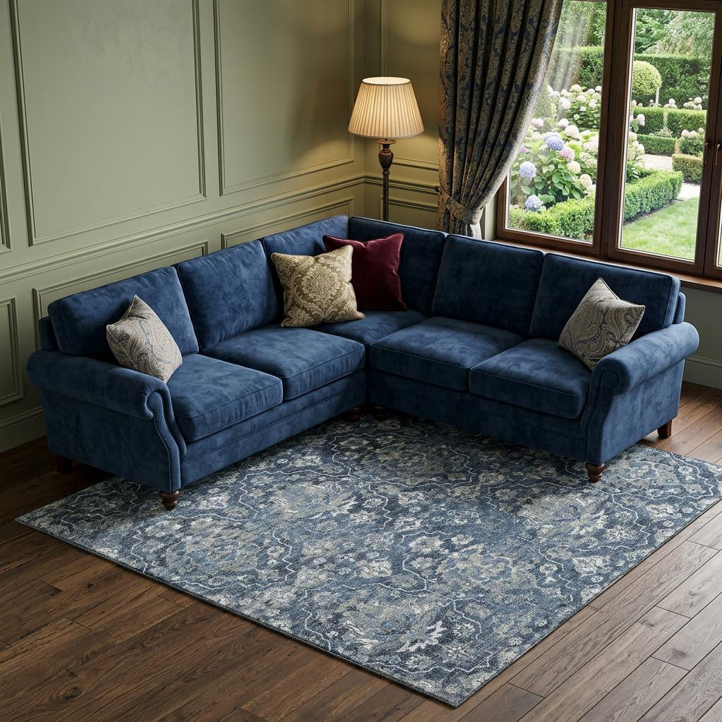 10 X 14 Blue And Ivory Floral Medallion Distressed Washable Area Rug With UV Protection