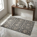 3 X 5 Graphite Ivory And Gold Floral Medallion Distressed Washable Area Rug With UV Protection