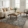 5 X 8 Graphite Ivory And Gold Floral Medallion Distressed Washable Area Rug With UV Protection