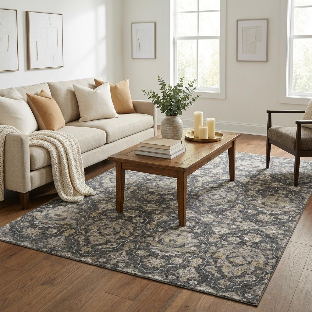 5 X 8 Graphite Ivory And Gold Floral Medallion Distressed Washable Area Rug With UV Protection