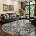 8 Graphite Ivory And Gold Floral Medallion Distressed Washable Round Rug With UV Protection
