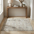 3 X 5 Linen And Ivory Floral Medallion Distressed Washable Area Rug With UV Protection