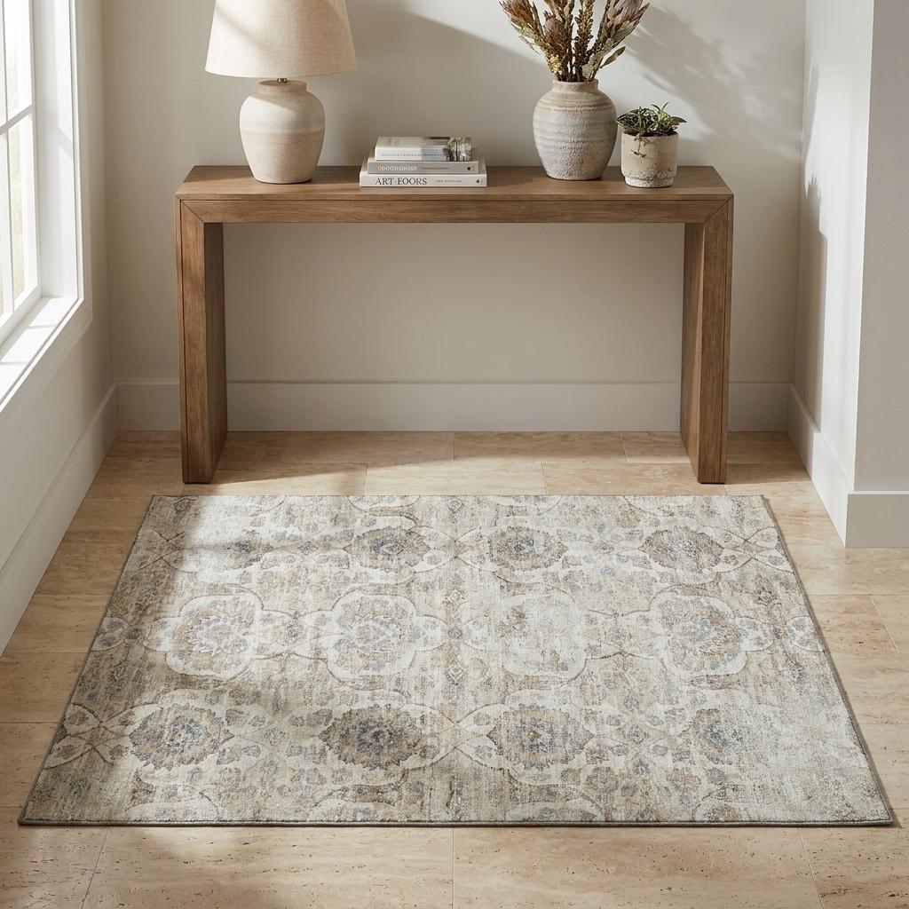 3 X 5 Linen And Ivory Floral Medallion Distressed Washable Area Rug With UV Protection