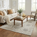 5 X 8 Linen And Ivory Floral Medallion Distressed Washable Area Rug With UV Protection