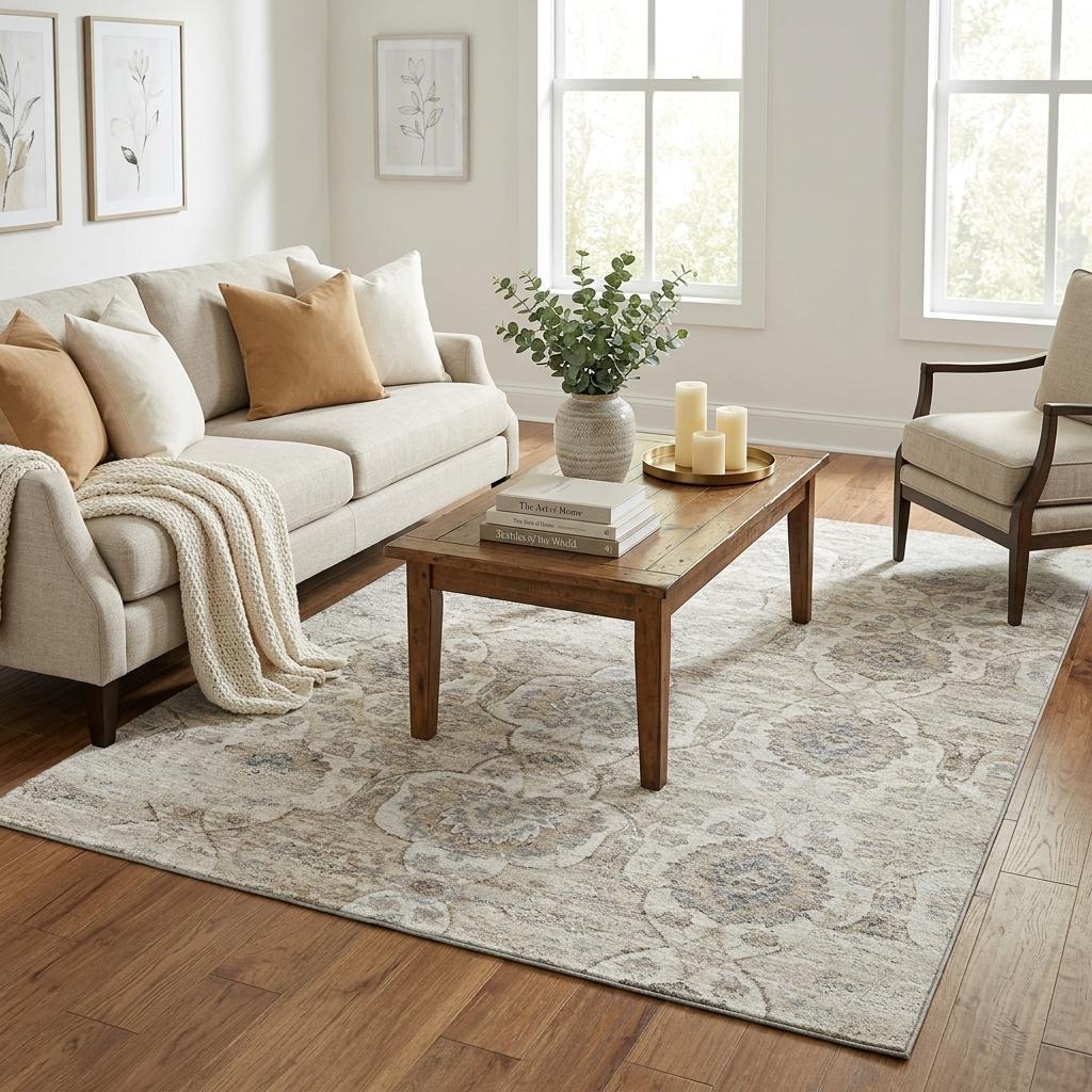 5 X 8 Linen And Ivory Floral Medallion Distressed Washable Area Rug With UV Protection