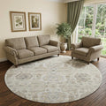 8 Linen And Ivory Floral Medallion Distressed Washable Round Rug With UV Protection