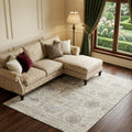 8 X 10 Linen And Ivory Floral Medallion Distressed Washable Area Rug With UV Protection