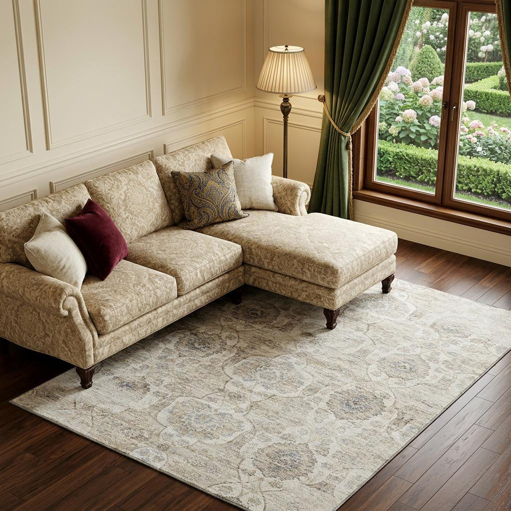 8 X 10 Linen And Ivory Floral Medallion Distressed Washable Area Rug With UV Protection