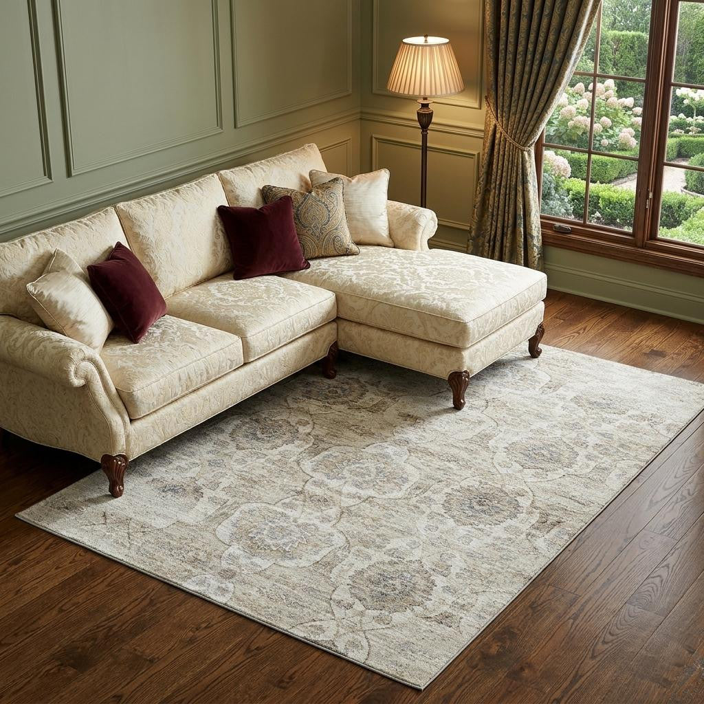 10 X 14 Linen And Ivory Floral Medallion Distressed Washable Area Rug With UV Protection