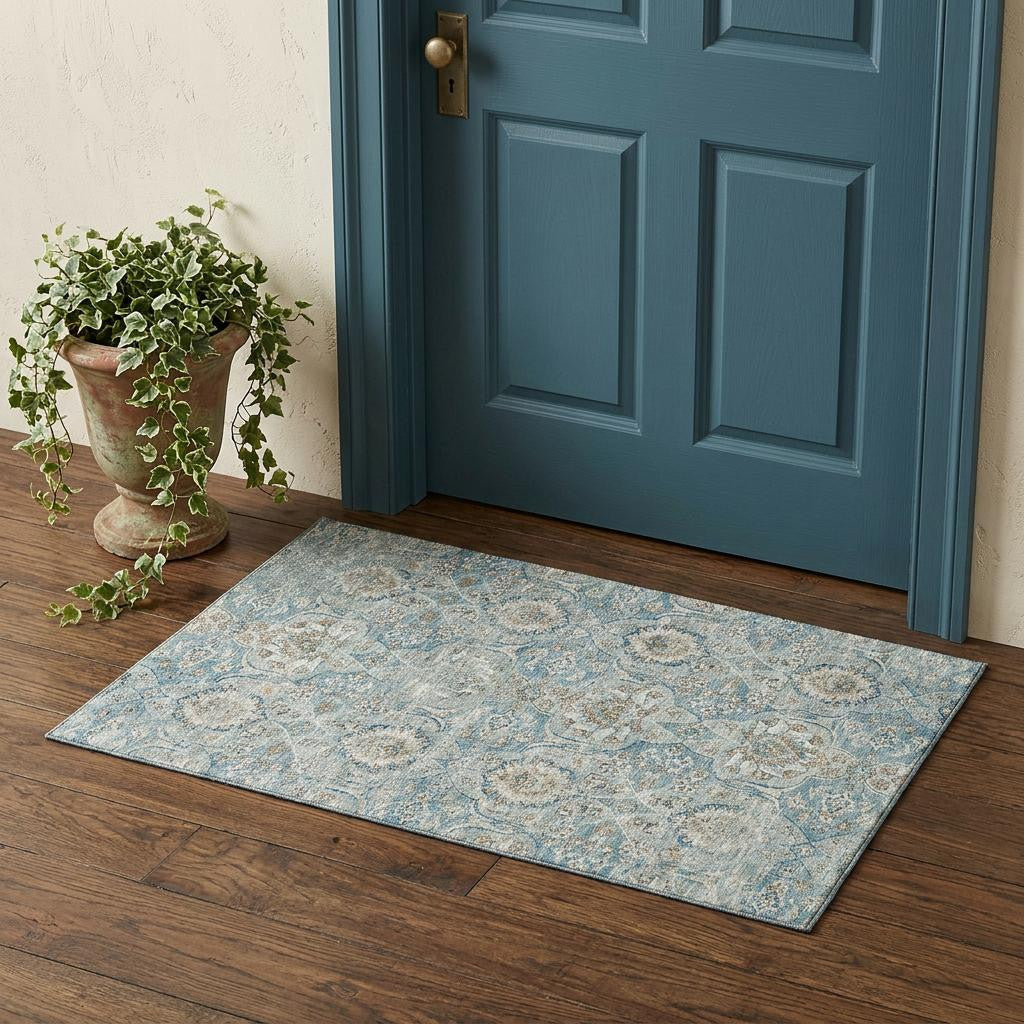 3 X 5 Persian Blue Coffee And Ivory Floral Medallion Distressed Washable Area Rug With UV Protection
