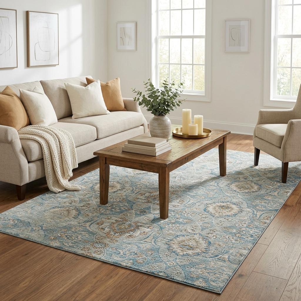 5 X 8 Coffee Ivory And Persian Blue Floral Medallion Distressed Washable Area Rug With UV Protection