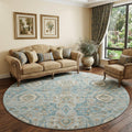 8 Persian Blue Coffee And Ivory Floral Medallion Distressed Washable Round Rug With UV Protection