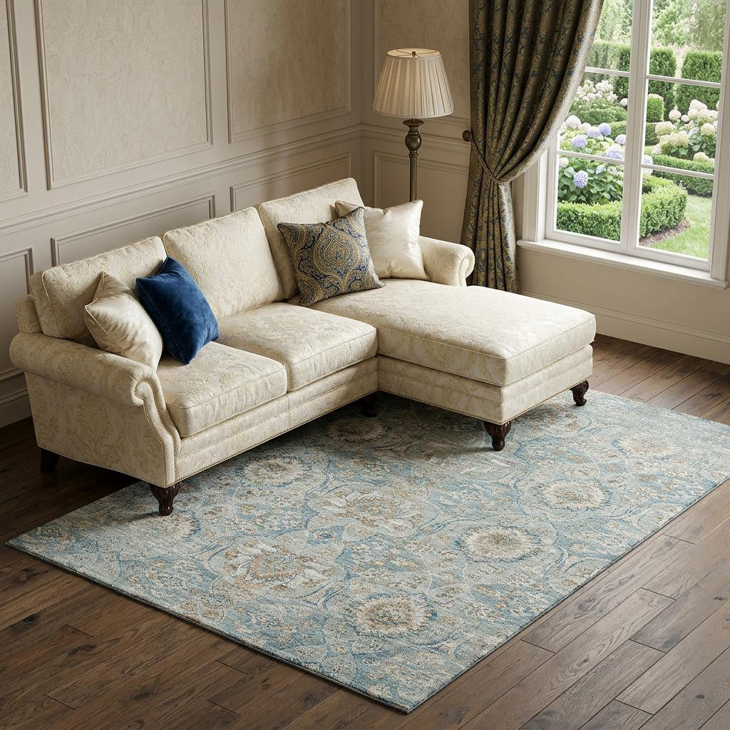 8 X 10 Persian Blue Coffee And Ivory Floral Medallion Distressed Washable Area Rug With UV Protection