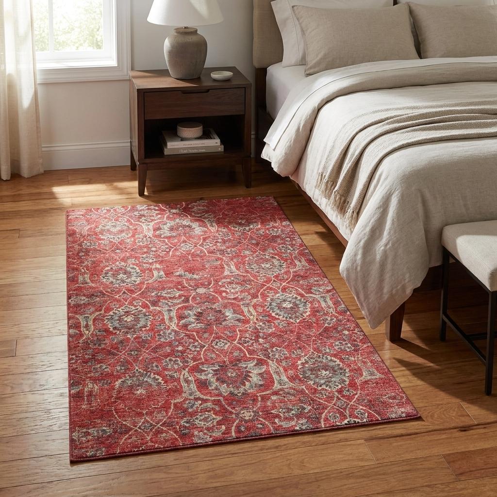 3 X 5 Red And Beige Floral Medallion Distressed Washable Area Rug With UV Protection