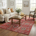 5 X 8 Red And Beige Floral Medallion Distressed Washable Area Rug With UV Protection