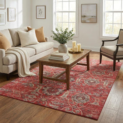 5 X 8 Red And Beige Floral Medallion Distressed Washable Area Rug With UV Protection