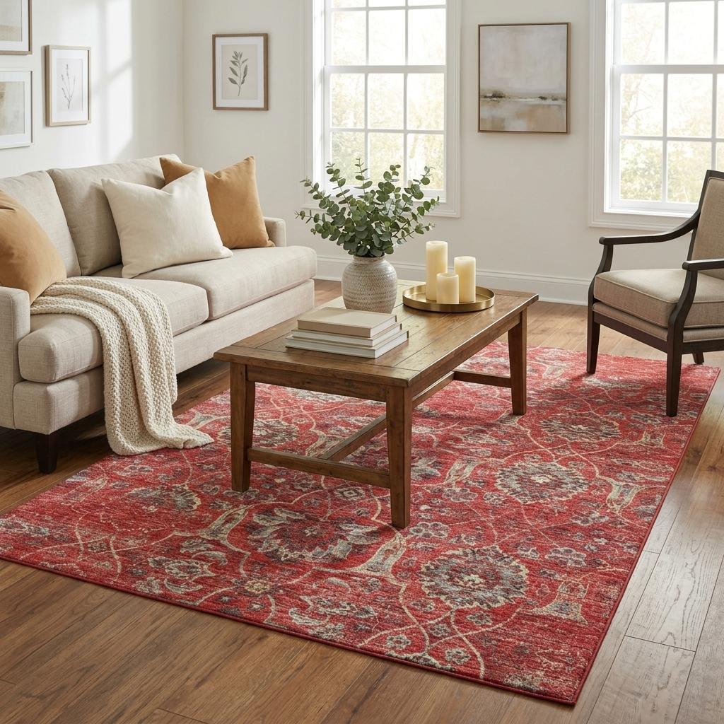 5 X 8 Red And Beige Floral Medallion Distressed Washable Area Rug With UV Protection
