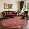 8 Red And Beige Floral Medallion Distressed Washable Round Rug With UV Protection