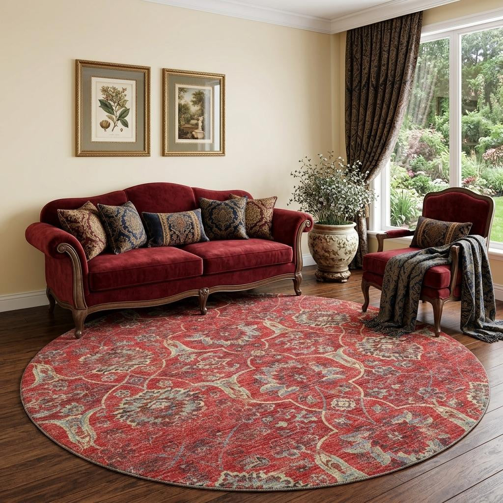 8 Red And Beige Floral Medallion Distressed Washable Round Rug With UV Protection