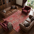 8 X 10 Red And Beige Floral Medallion Distressed Washable Area Rug With UV Protection