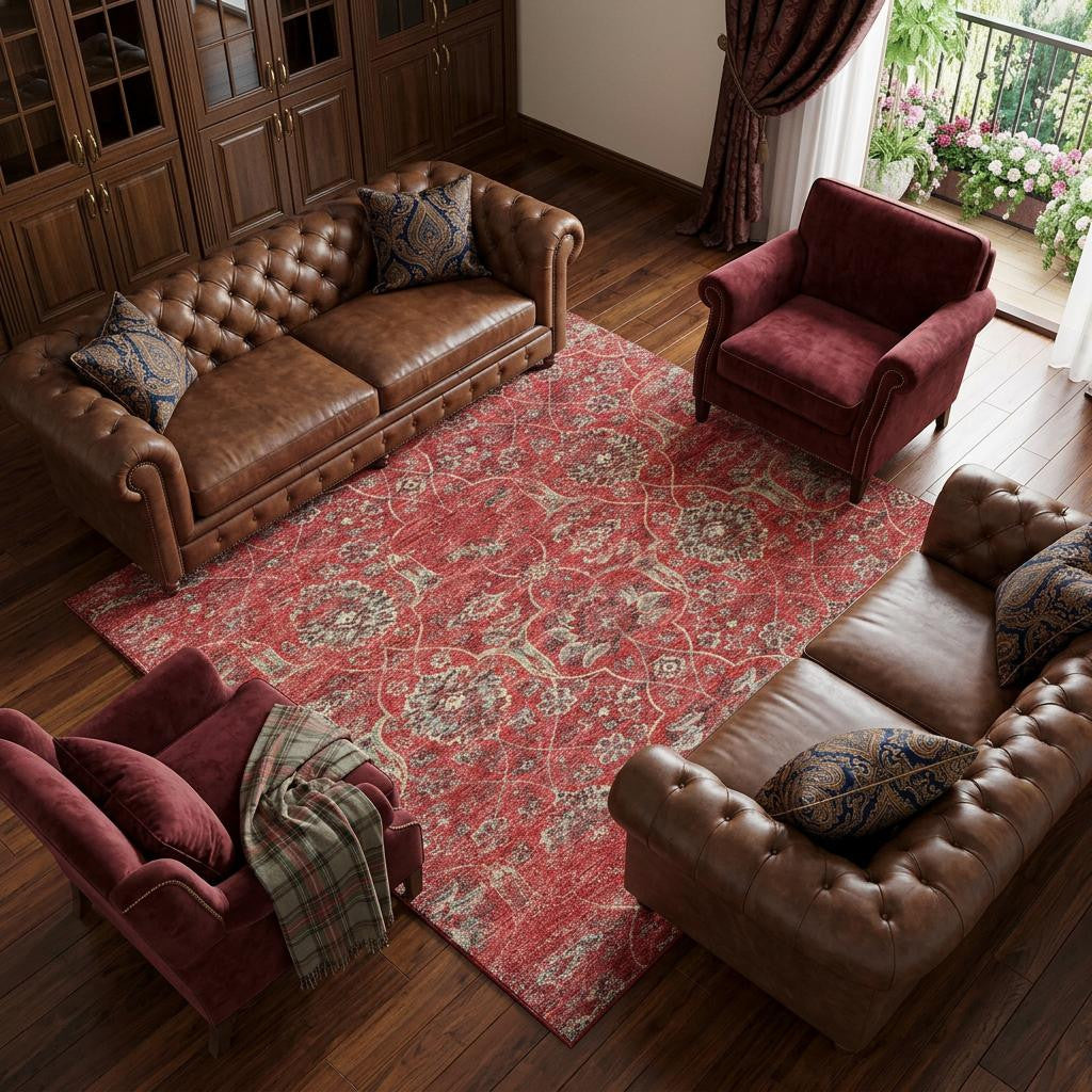 8 X 10 Red And Beige Floral Medallion Distressed Washable Area Rug With UV Protection