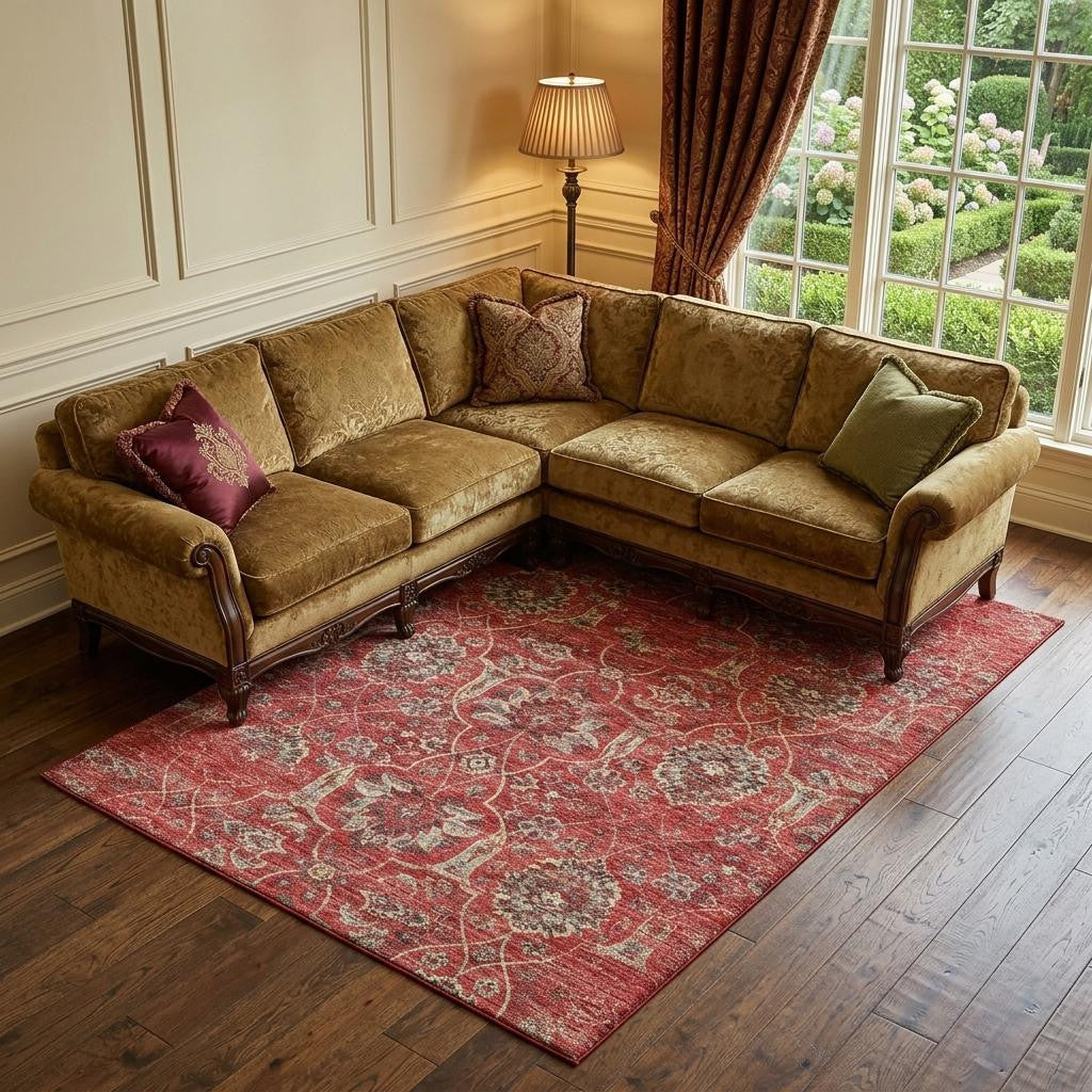 10 X 14 Red And Beige Floral Medallion Distressed Washable Area Rug With UV Protection