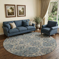 8 Denim Blue And Gray Floral Medallion Distressed Washable Round Rug With UV Protection