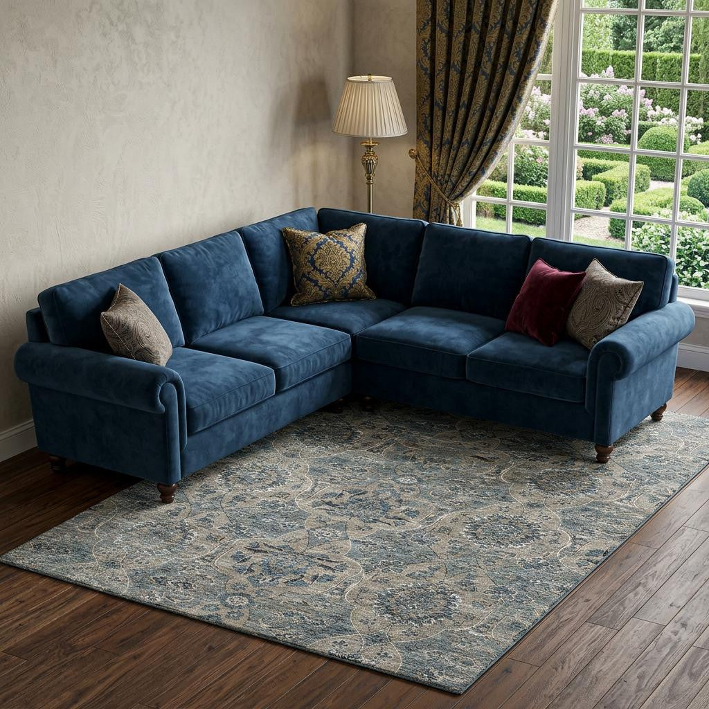 8 X 10 Denim Blue And Gray Floral Medallion Distressed Washable Area Rug With UV Protection