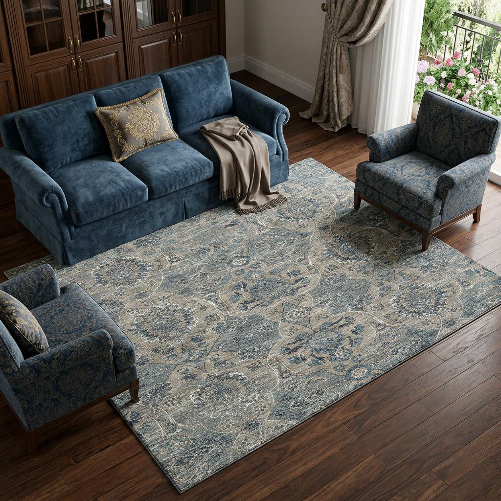 9 X 12 Denim Blue And Gray Floral Medallion Distressed Washable Area Rug With UV Protection