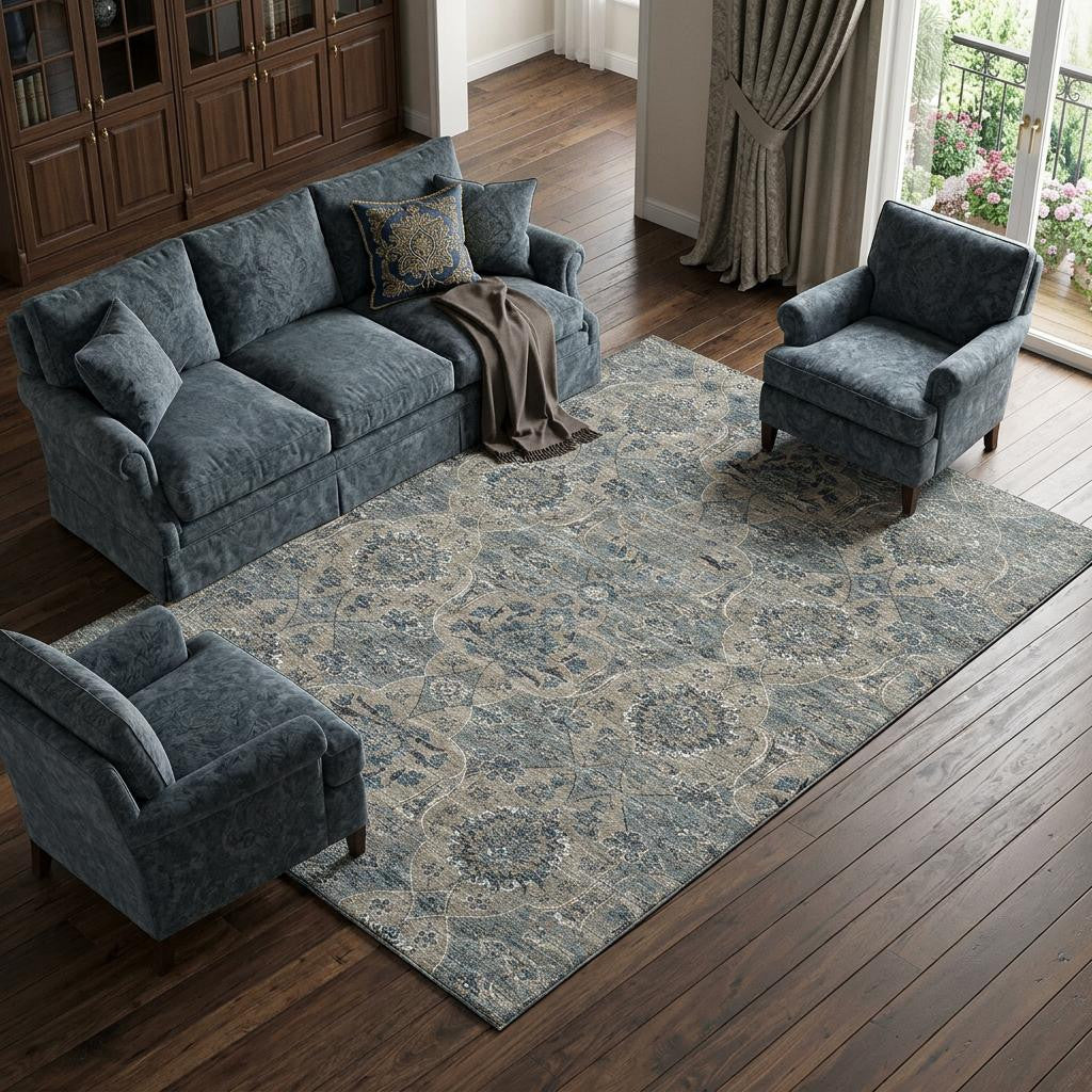 10 X 14 Denim Blue And Gray Floral Medallion Distressed Washable Area Rug With UV Protection
