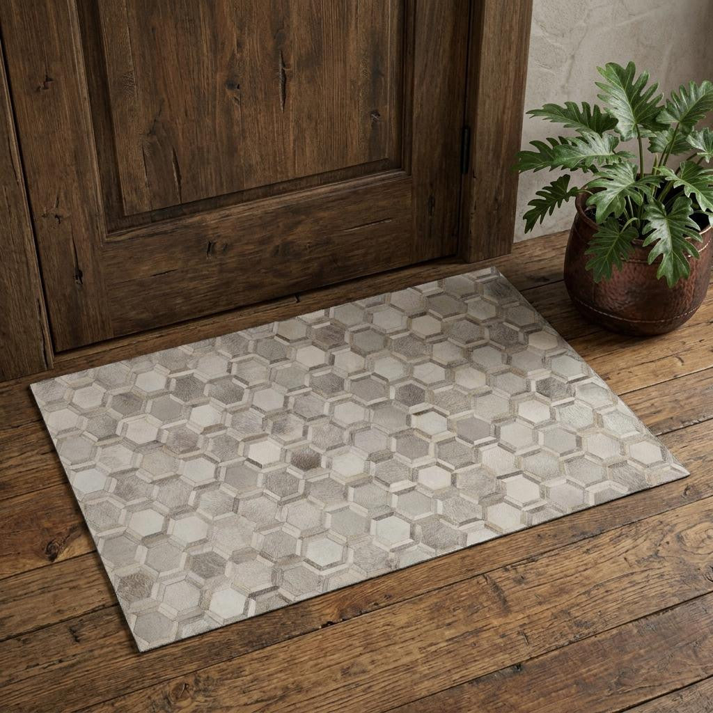 3 X 5 Gray Ivory And Beige Geometric Washable Area Rug With UV Protection