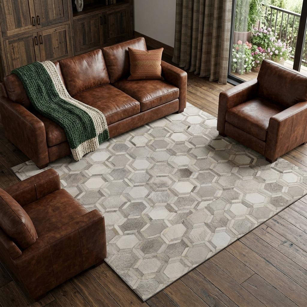 8 X 10 Gray Ivory And Beige Geometric Washable Area Rug With UV Protection