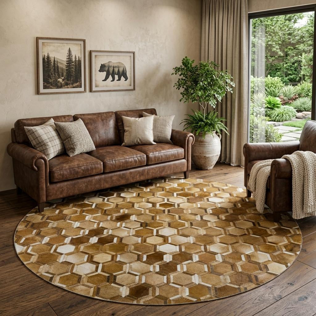 8 Brown Ivory And Beige Geometric Washable Round Rug With UV Protection