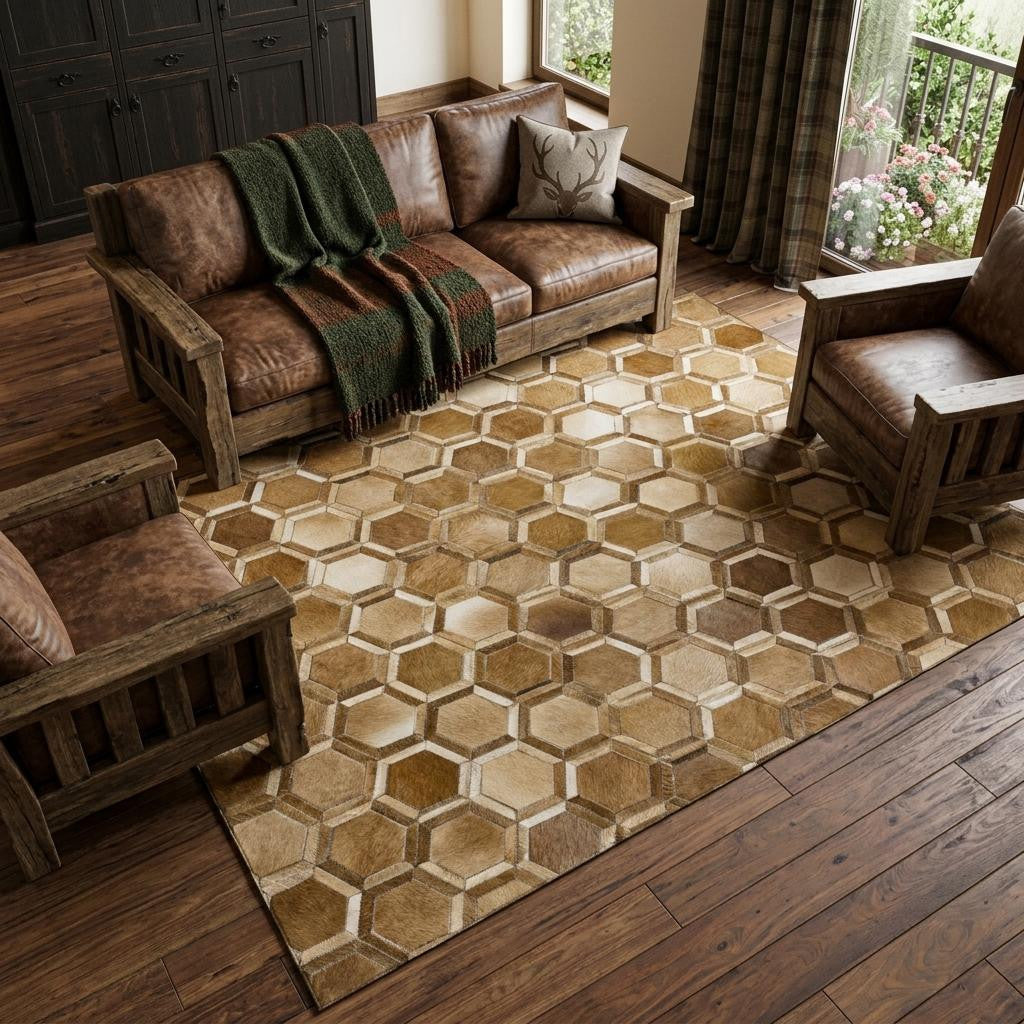 8 X 10 Brown Ivory And Beige Geometric Washable Area Rug With UV Protection